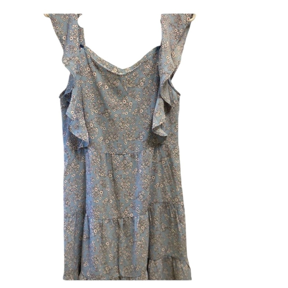 Monteau blue and cream flowered ruffle sleeved dress women's Large